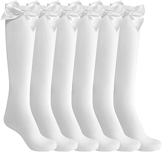 Aomig Children's Knee Socks, 4 Pairs Plain Bow in the Middle Calf, Non-Slip, Long, Knee Stockings, Toes, Girls' Socks, Sui...