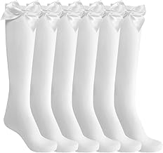 Aomig Children's Knee Socks, 4 Pairs Plain Bow in the Middle Calf, Non-Slip, Long, Knee Stockings, Toes, Girls' Socks, Suitable for Matching School Uniforms and Uniform Party (White)