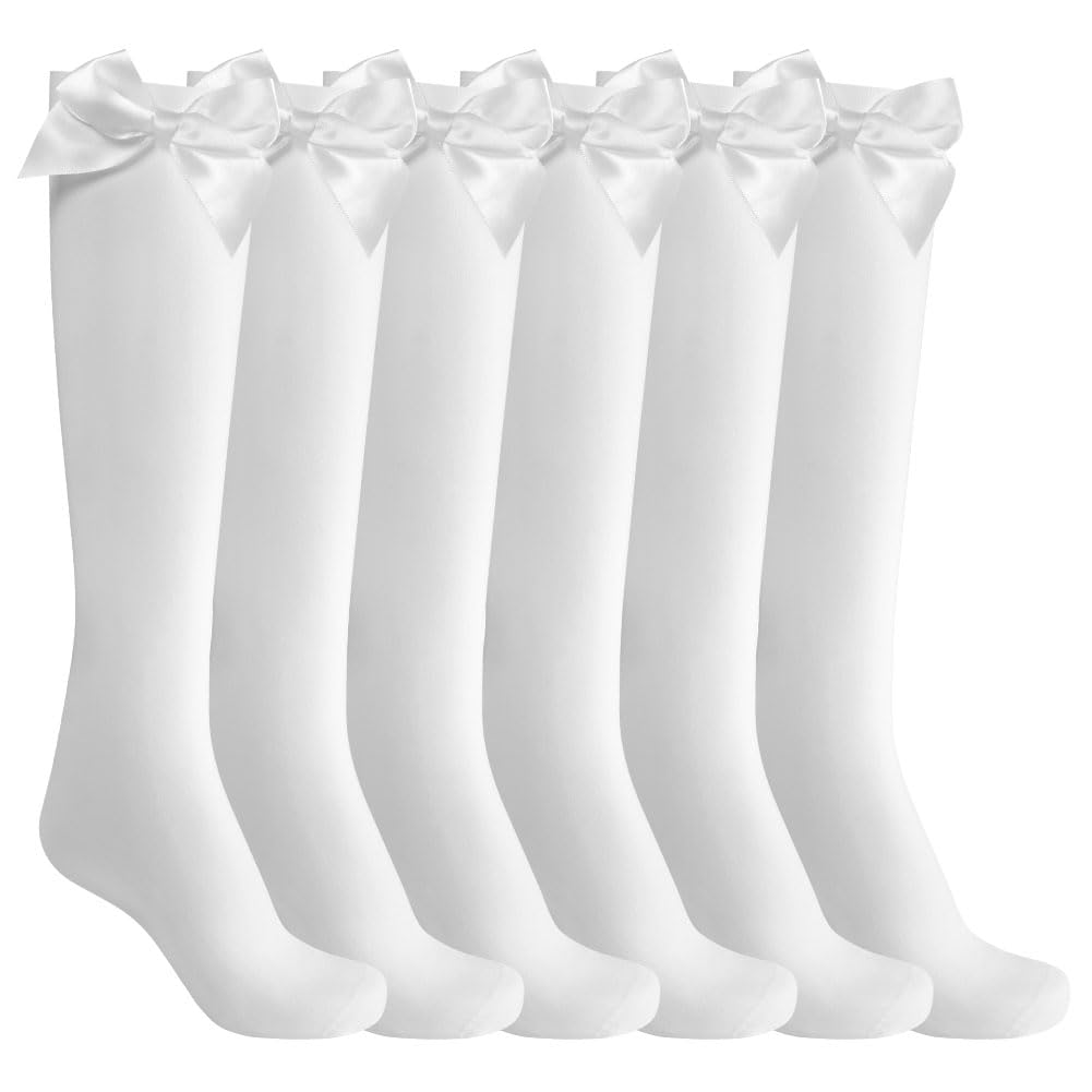 Aomig Aomig Calcetines Hasta la Rodilla para Niña, 4 Pcs Calcetines Largos Niña de Terciopelo con Lazo, Medias Calcetines Blanco Niña para Niñas con Faldas y Zapatos Pequeños de Cuero Uniforme, 11–14 Años
