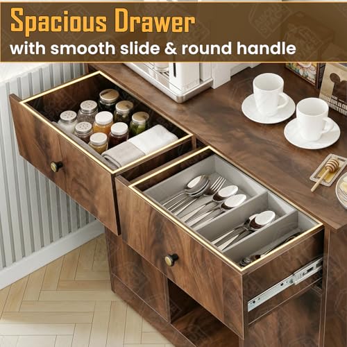 Image of ABOUT SPACE 3ft Kitchen Storage Cabinet with 2 Drawers, Open Center Shelf, 2 Closed Cabinet with Adjustable Shelves Modern Kitchen Rack Cupboard for Dining Room, Living Room, Entryway - Walnut