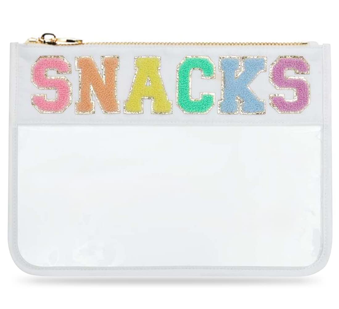 Chenille Letter Snack Pouch - PVC and Nylon Clear Flat Pouch For Travel and Organization, Glitter Travel Bag With Zipper For Women and Children, Nude