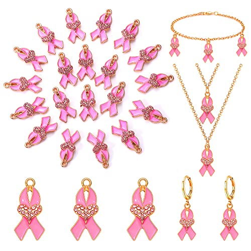 Nvenf 20Pcs Pink Ribbon Charms Breast Cancer Awareness Beads Charms For Jewelry Making, Pink Enamel Rhinestone Pendants For Bracelet Necklace Earrings Making Diy Crafts (Pink Ribbon C) #TOP30