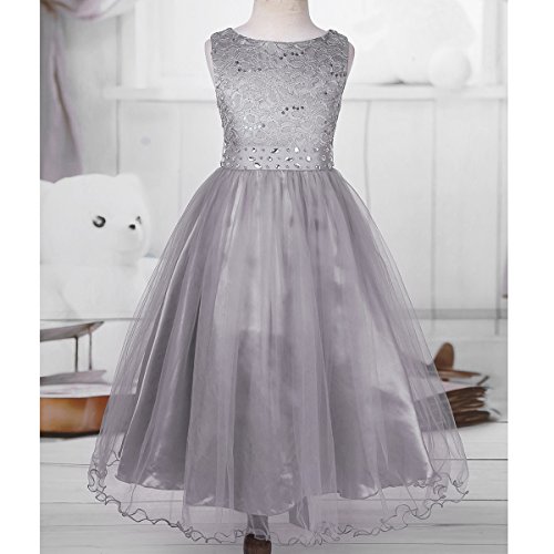 Yizyif Kids Sequins Rhinestone Belt Embroidered Communion Pageant Wedding Party Flower Girls Dresses Gray 16 #TOP2