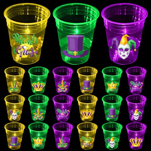 mishunyus 24 Pcs Mardi Gras Glow Cups for Party Theme Mardi Gras Decorations Party Favors Supplies Accessories Carnival Favors New Orleans Style Party(16 oz)