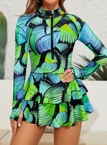 Women Long Sleeve Rash Guard Swimdress Thumb Holes Surfing Printed One Piece Zipper Skirted Swimsuit Swim Shirt4