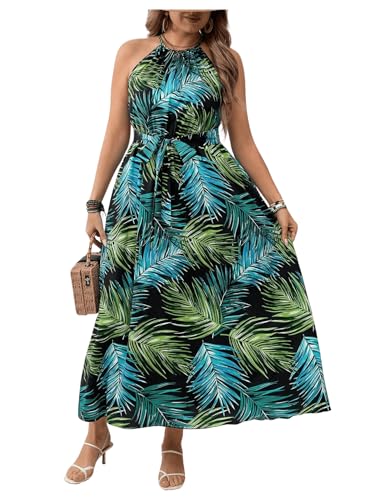 Image of Floerns Women's Plus Size Boho Sleeveless Halter Neck Tie Back A Line Long Dress