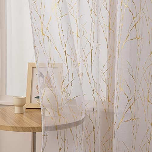 Deeprove White Sheer Curtains 96 inches Long 2 Panels, Tree Branch Gold Foil Print Metallic for Bedroom Living Room Xmas Artistic Abstract Decor, Window Treatment Pair Set, Rod Pocket, W52 x L 96″