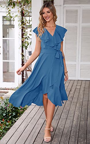 Image of PRETTYGARDEN Women's 2023 Summer Wrap Maxi Dress Casual Boho Deep V Neck Short Sleeve Ruffle Hem Split Beach Long Dresses, Grey Blue, M