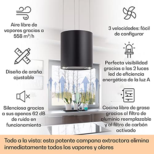 Klarstein-Campana-Extractora-Colgante-Isla-Cocina-Flujo-de-aire-de-558mh-Temporizador-Extractor-de-Cocina-Ajustable-Campanas-Extractoras-Cocina-de-3-modos-Campana-Recirculacion-Filtros-Carbono