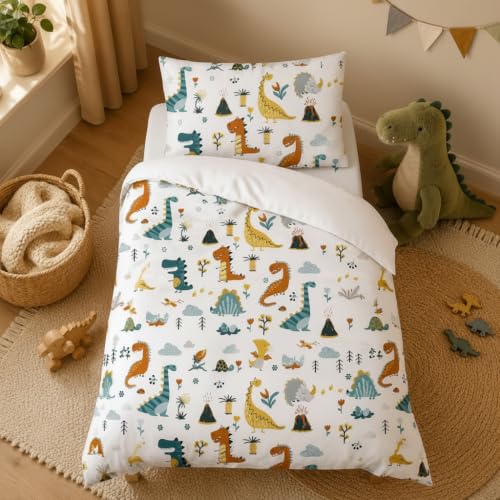 Image of DJDEA Toddler Duvet Cover Set 120x150cm, Dinosaur Pattern Print Duvet Cover Set, Cot Bedding Set for Boys Junior/Cot Bed Microfiber Quilt Cover Matching Pillowcase 40x60cm