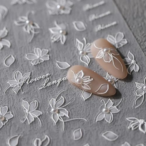 2 Sheets Nail Stickers, 5D Embossed Nail Art Stickers with Pearls, Self-Adhesive Nail Sticker with White Floral Design for Women Girls DIY Nail Art Decorations