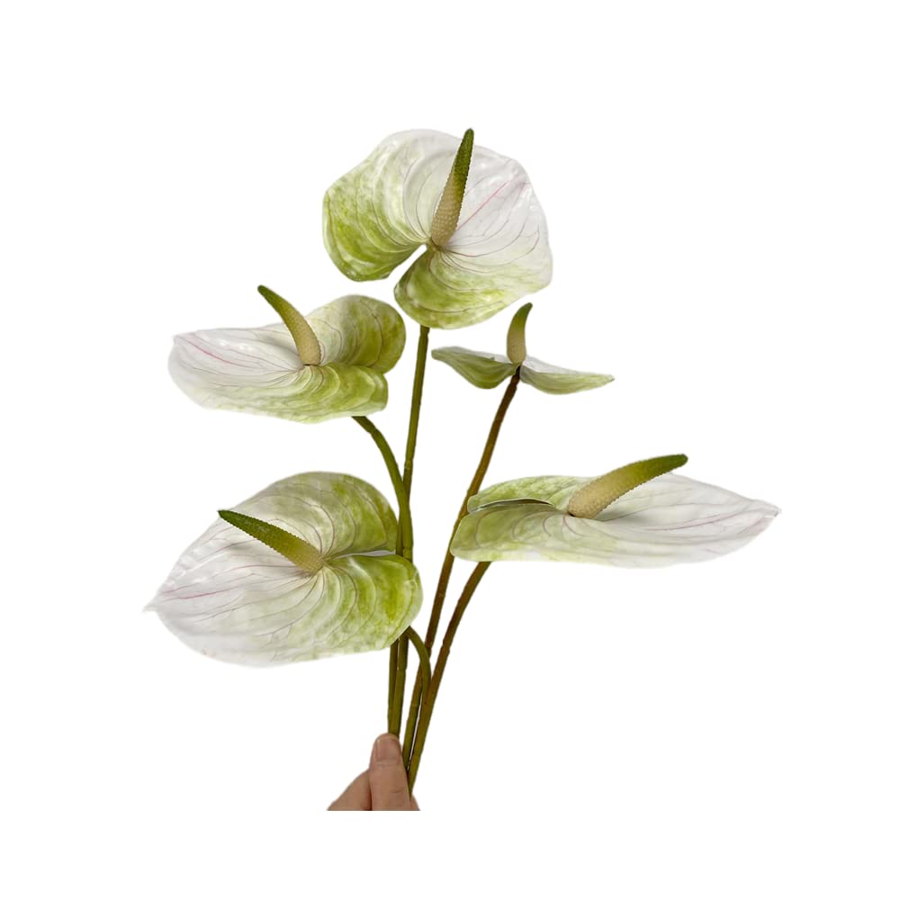 Rikyo White 5 Pc 61Cm Artificial Anthurium Lily Flowers Permanent For Home Decor Bouquet And Green Leaf For Home Bridal Wedding Festival Party, Crafts, Store Decor Small Flower Bouquet Accessories (White)
