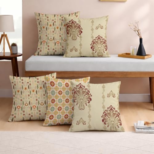 Image of STITCHNEST Set of 5 Royal Damask & Ikat Collection Printed Jute Cushion Covers 16x16 Inches | Ethnic Decorative Throw Pillow Covers for Sofa, Living Room & Bedroom | Premium Home Decor