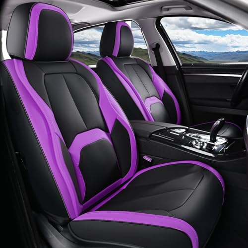 Image of Coverado Car Seat Covers Front Seats, 2 Pack Nappa Leather Seat Covers for Cars, Waterproof Car Seat Protector with Lumbar Support, Front Seat Covers Universal Fit for Most Cars (Black&Purple)