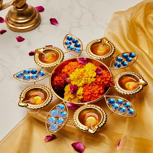 Image of Amazon Brand - Solimo Diya Shape Iron Flower Decorative Urli for Home | Handcrafted | Golden | Blue Stone