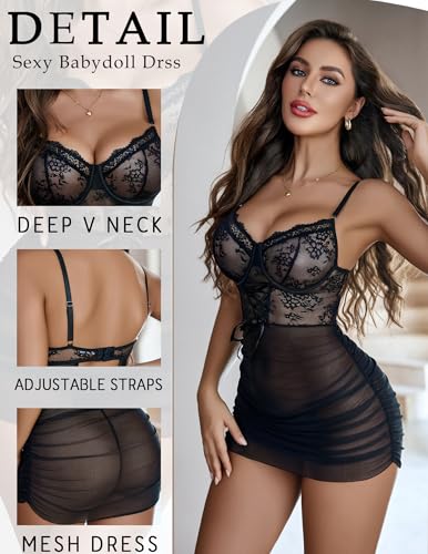 Avidlove Sexy Lingerie for Women Floral Lace Nightwear V Neck Babydoll Chemise Sexy Boudoir Outfits (Black Small) - image 3