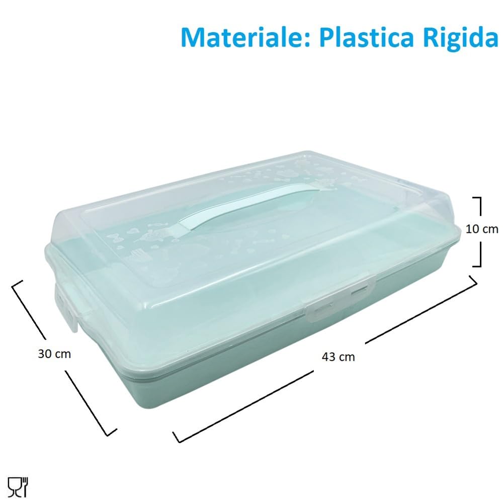 VIRSUS Porta Torte RETTANGOLARE in plastica, misura 43x30x10 cm, Contenitore con coperchio trasparente, portatorte 4 chiusure di sicurezza, per la conservazione di dolci e torte -6778F (Verde Acqua)