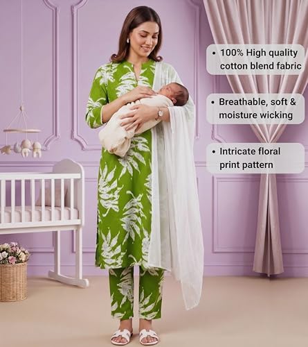Image of DUMMY SHAPE Feeding Kurtis for Women Cotton Blend | Floral Kurta Pant Dupatta Set with Nursing Zippers to Pre & Post Partum | Maternity Dresses | Mom to Be Gifts for Pregnant Woman