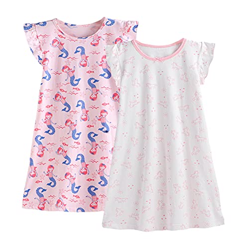 iMOONZZZ Mädchen Nachthemden Flatterärmel Nachtwäsche, Baumwollsleeves, Weicher und Komfort Nachthemd Pyjama, für Mädchen 3-10 Jahre (Einhorn+Meerjungfrau,6-7 Jahren) Cover