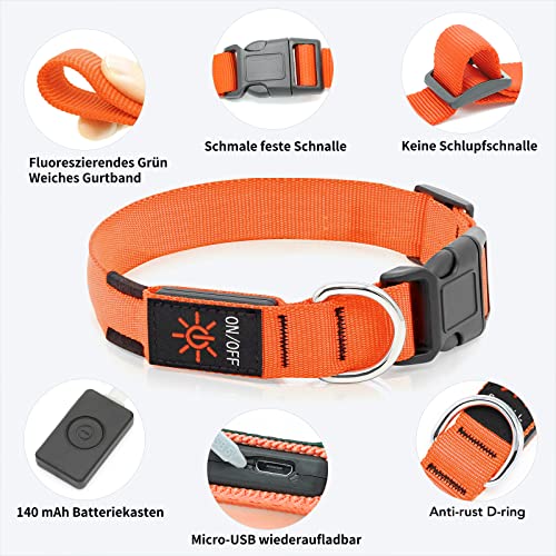 KOSKILL Leuchthalsband Hund Wiederaufladbare USB LED Hundehalsband Wasserdichtes Leuchtendes Hunde Halsband Einstellbare Super Helle für Mittlere Große Hunde (Orange, M)