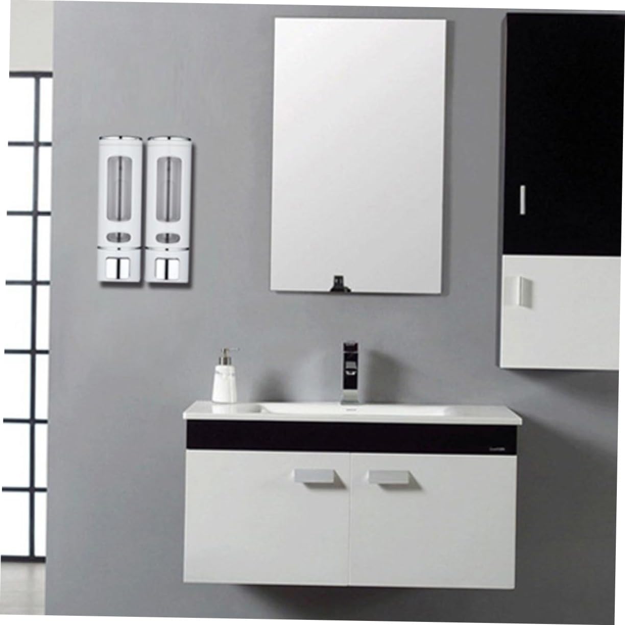 Dispenser di Sapone Liquido Bianco da Parete Doppia Testa Materiale Abs Facile da Installare, Design Finestra Trasparente per Bagno e Cucina