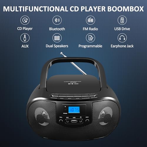 Image of Portable CD Player Boombox with FM Radio, Top Loading CD Stereo Boom Box for Home, Bluetooth, Remote Control, LED Light, Headphone /Mic Jack, Support CD-R /RW /MP3-CD, USB, LCD Display, Black