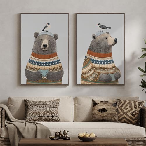 Framed Vintage Boho Animal Wall art, 2 Piece Black Gray