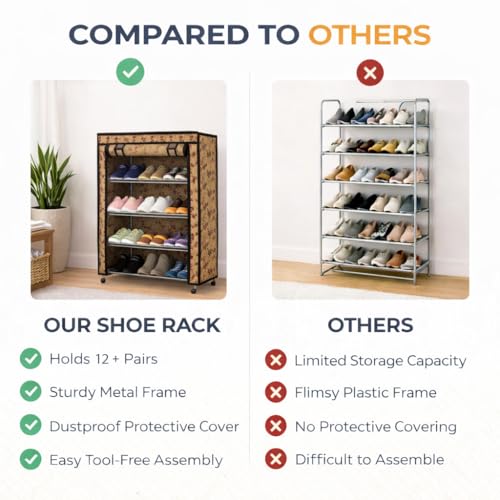 Image of Metal Shoe Stand with Cover, 4 Tier Shoe Organizer for Home & Office - Flower Print
