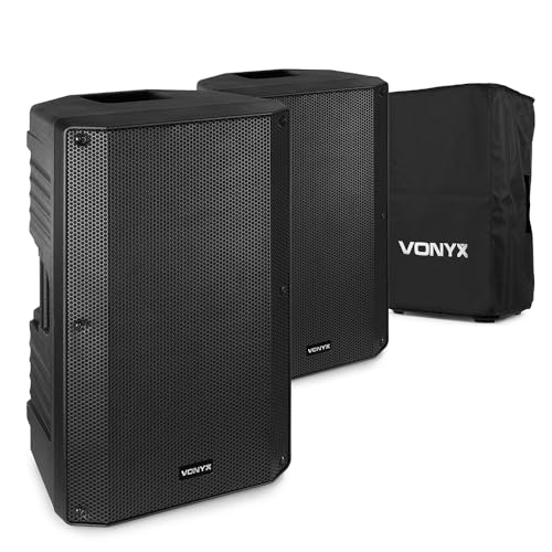VONYX VSA120S 12 Bluetooth Active DJ Speaker Pair with SC12 Protective Nylon Covers, 800W Portable PA System for DJs & Live Events