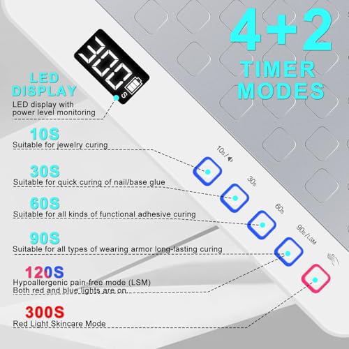 MEKK UV LED Nail Lamp - Luxury Cordless UV Light for Gel Nails with Red Light Skincare,4+2 Timer Modes,Two-Hand Design,Professional Nail Lamp for Salon & Home-White