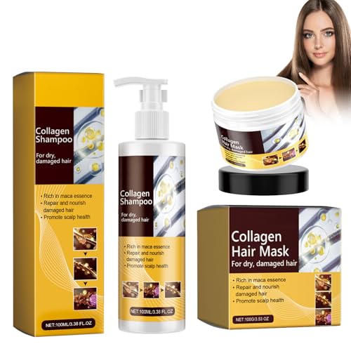 2pcs Cuidado del cabello con colágeno, 100ml Champú de Colágeno y Mascarilla Capilar con Colágeno, Suaviza y da brillo, Mejora las puntas Encrespadas y Secas,shampoo