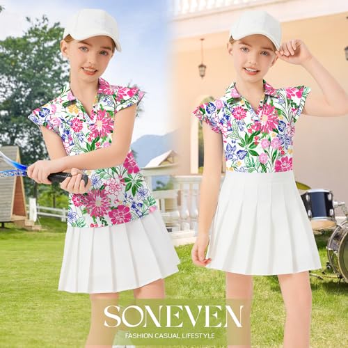 Image of Soneven Girls Ruffle Sleeve Polo Shirts V-Neck Golf Tennis T-Shirts Uniform Shirts Quick Dry for 4-14 Years