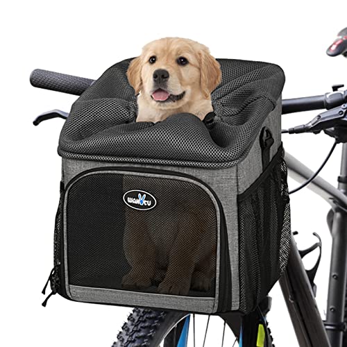 Wakytu Dog Bike Basket Carrier, Pet Bicycle Front Carrier Backpack for Bike Riding Foldable Removable, Reflective Strips, 2 Side Storage Pockets, Pet Travel Bag for Cats Small Dogs