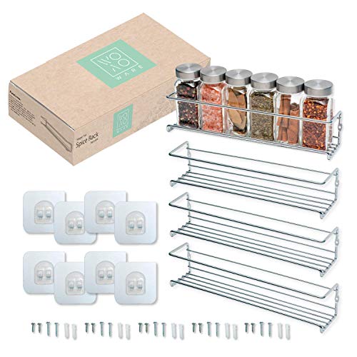 Spice Rack Organizer For Cabinet Door - Adhesive Spice Rack No Drill Needed Hanging Option - Wall Mount - Pantry and Cabinets Doors Storage Holder - Set Of 4 Shelves.