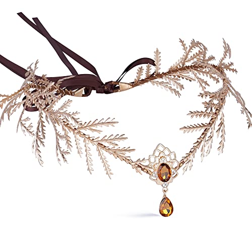 MOSTORY Woodland Gold Flower Crown – Handmade Forest Elf Headpiece Floral Fairy Headband Leaf Circlet for Women Girls Renaissance Easter Wedding Cosplay Masquerade