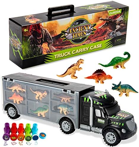 Oumoda Dinosaur Truck, Dinosaurs Transport Car Carrier Truck Toy with 6 Dinosaurs Toys Inside and 10 Dinosaur Stamps, Gifts for Kids/Boys Toy for Ages 3, 4, 5, Years Old and Up