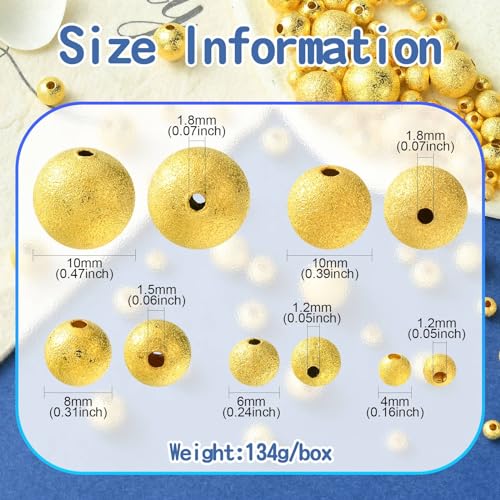 Stiesy Approx 460Pcs 5 Style Golden Colour Spacer Beads Frosted Textured Brass Beads 4/6/8/10/12mm Kit for Jewellry Making DIY Bracelet Crafting - Image 2