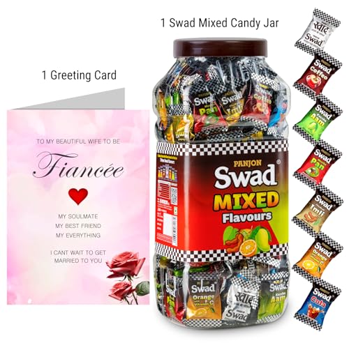 Image of Swad Gift for Fiancee female /Wife to be with Card (Swad Mixed Flavours Candy 200 Jar & 1 Greeting card) 2 units