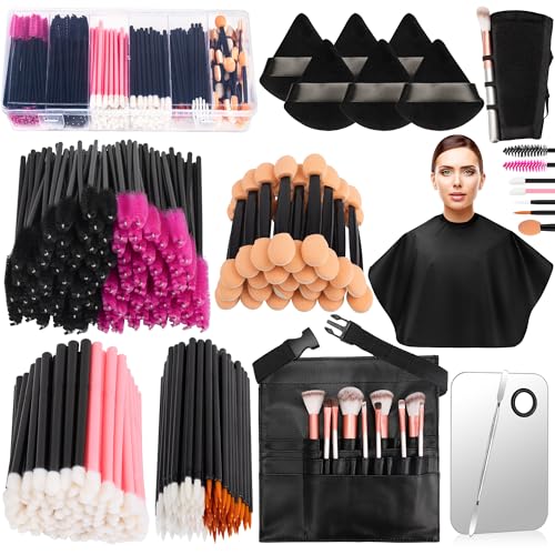 Disposable Makeup Applicators Kit, Includes Disposable Mascara Wands Eyeliner Brushes Eyeshadow Lip Applicators with Organizer Box Powder Puffs Mixing Palette Makeup Tools 11.0 * 7.8 * 3.11