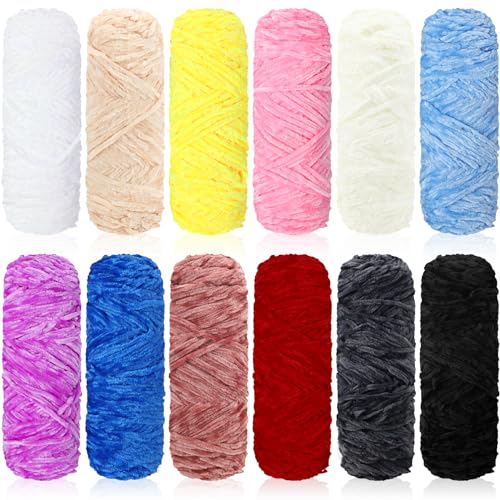 Image of Timgle 12 Pack Chenille Yarn for Crocheting, Soft Velvet Yarn 1312 Yards, 3 mm Thick Fluffy Plush for Hand Knitting Weaving Sweater Shawl Scarf Gloves DIY Craft, 109 Yards Each(Novel Color)