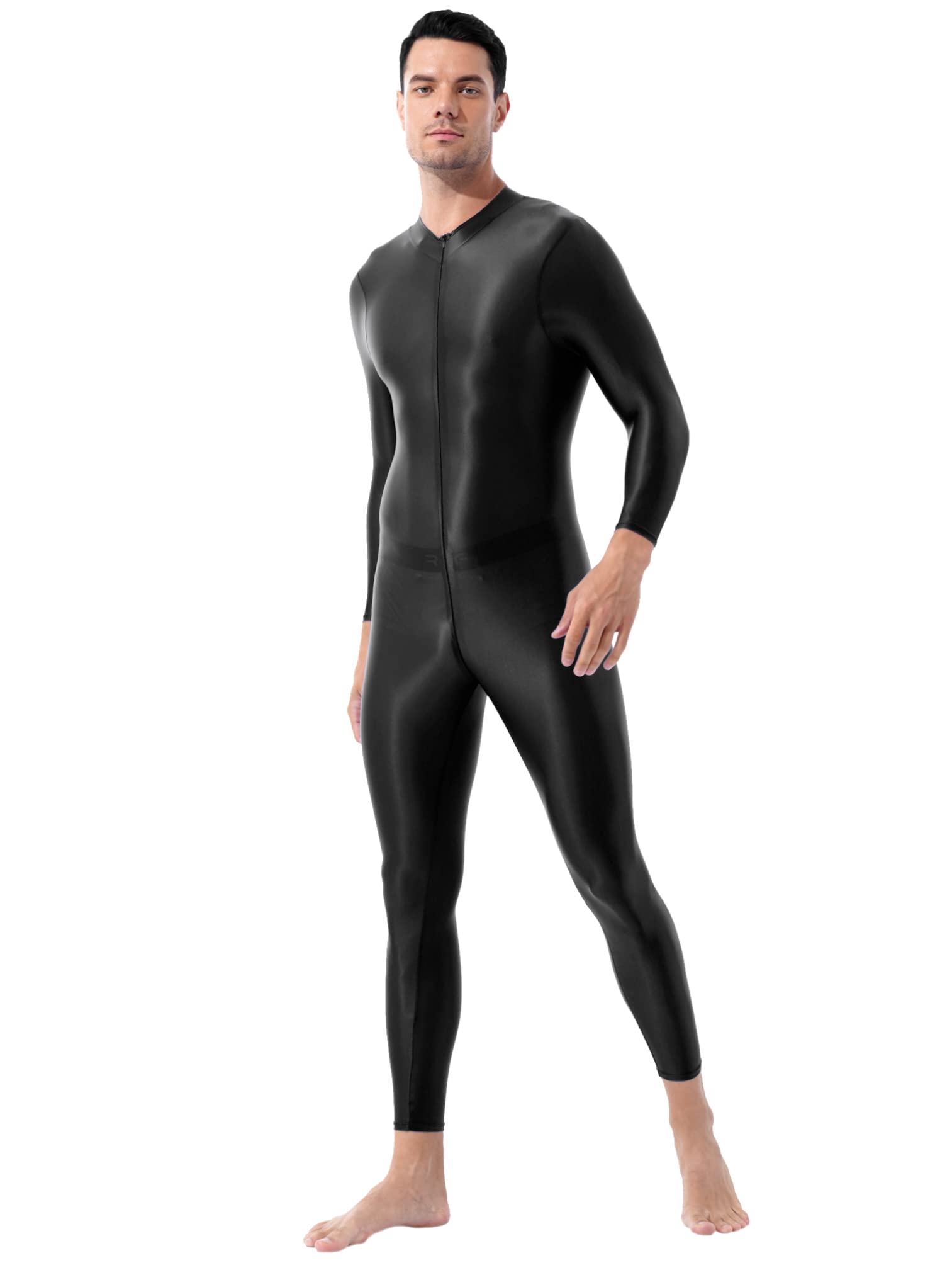 Agoky Body Uomo Metallico Lucido Bodystocking Catsuit Tuta Intera Bodysuit Manica Lunga Leggings con Cerniera Jumpsuit Biancheria Intima Monopezzo Body da Ginnastica Nero Taglia unica