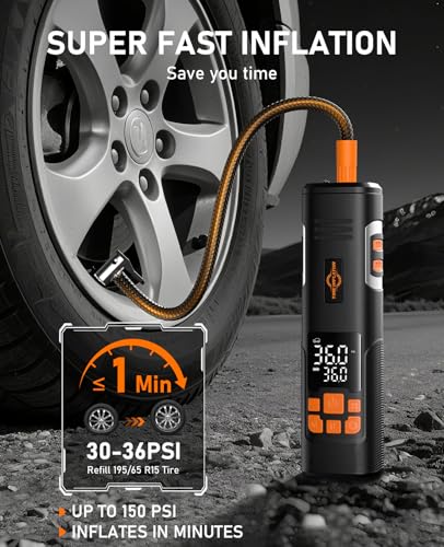 Image of Tire Inflator Portable Air Compressor, 150PSI Air Pump for Car Tires, LED Light & Auto Shutoff, Cordless Electric Bike Tire Pump with Digital Pressure Gauge for Car, Motorcycle, Bicycle, Ball