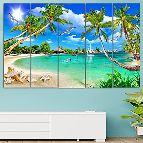 Maxstone Beautiful Sea Beach Scenery Nature Wall Painting/Floral Art for Living Room, Home Decor, Bedroom, Office. Big Size Multiple Panals Set Of -5