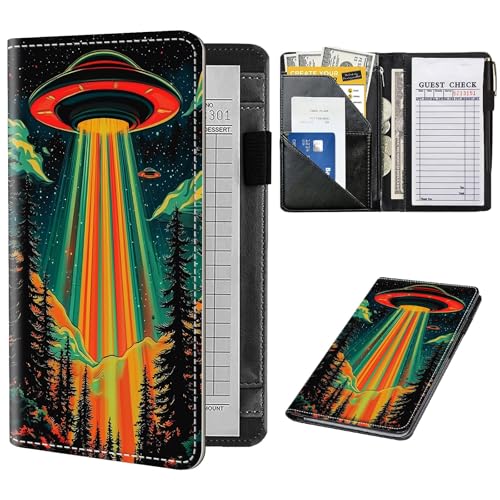 Server Book for Waitress, Cute Serving Books with Zipper Pocket, Leather Server Check Book Ticket Book Holder, Restaurant Waitress Accessories Server Booklet Organizer,Colorful Alien UFO
