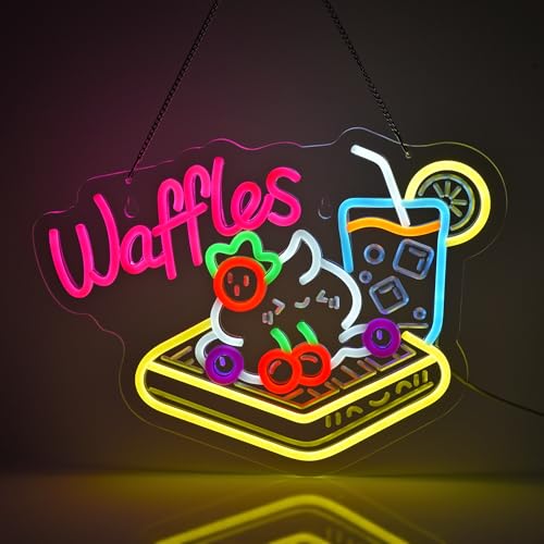 Image of Waffles Neon Sign, Neon Lights Hanging Wall Art Decoration for Store Retail Shop Market Grocery Bakeries Dessert Cafe Celebration Home Decor,USB Powered Ultra Bright Dimmable,15.75x11.8inches