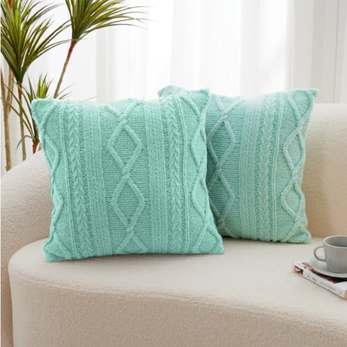 Throw Pillow Covers Set of 2 - Handknit Decorative Throw Pillow Covers,Wool Woven Cushion Covers,Chunky Yarns Couch Pillow Covers for Sofa Living Room Home Decor,Green,16x16 Inch