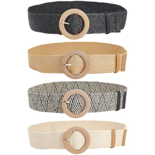 4Pcs Straw Woven Belt Set with Round Buckle Adjustable Braid Raffia Rattan Waistband Fashion Boho Style Stretch Wide Waist Belts for Women Ladies Summer Dress Jeans Pants Accessories Gift