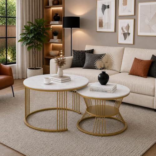 Image of Roldo Modern Nesting Coffee Table Set of 2 for Living Room, Round Coffee & Side Table with Metal Frame and Marble Finish MDF Top, Center Table for Sofa, Home Decor Office & Apartment (Gold White)