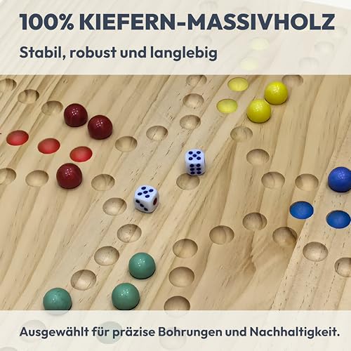 Ludibel – Tock & Ludo Spiel aus Holz XL 40x40 cm – Großes Brettspiel für 4 oder 6 Personen – Für Kinder, Erwachsene & Senioren – Inkl. Karten, Würfel & Glasmurmeln