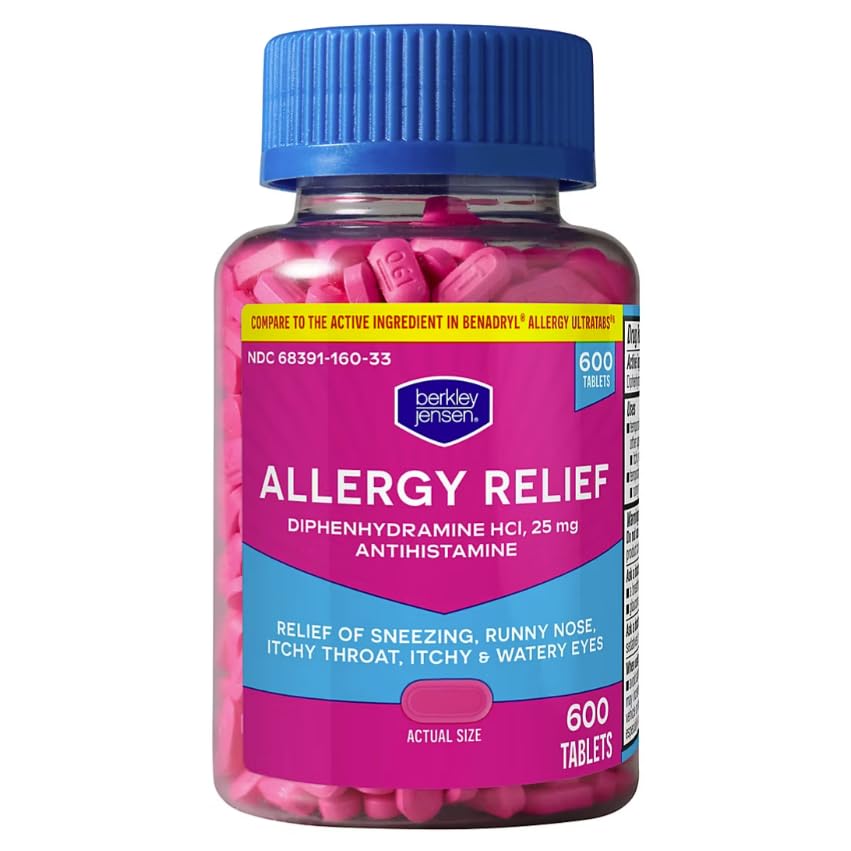 berkley jensen Allergy Relief Tablets - 25mg Diphenhydramine HCI - Allergy Medicine - Easy-Swallow, 600 Tablets (Pack of 1)